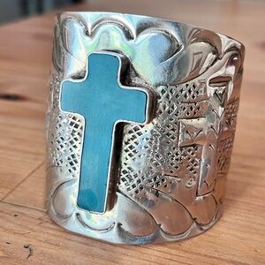 Vintage Southwestern Silver Cuff Bracelet with Turquoise Cross